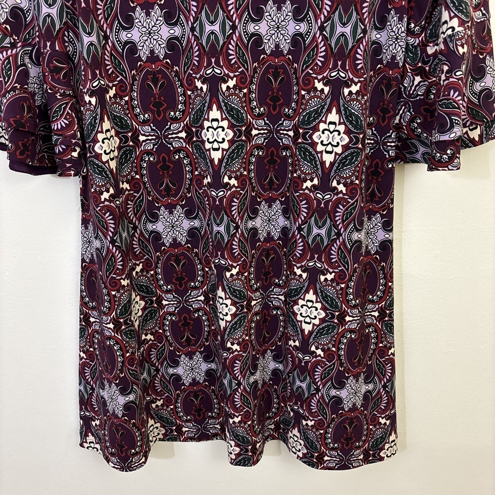 Chicos 1P Dress Maroon Purple Floral Geometric Flare Bell Sleeve Stretch Brunch - Picture 5 of 6